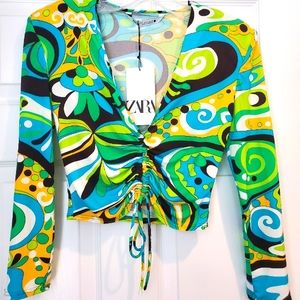NWT Zara Multicolor Retro Print Long Sleeve Crop Top Sz S